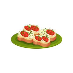 Tasty toasts with cheese cream and red tomatoes. Appetizing snacks on green plate. Flat vector design
