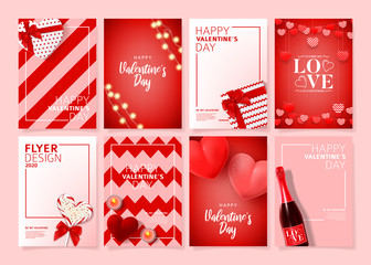 Set of Happy Valentine's Day posters. Vector illustration with realistic Valentine's Day attributes and symbols. Brochures design for promo flyers or covers in A4 format size. - obrazy, fototapety, plakaty