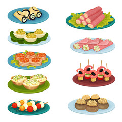 Set of different snacks. Delicious food for holiday banquet. Flat vector elements for cafe or restaurant menu