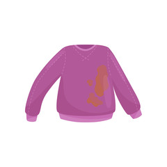 Flat vector icon of purple woolen sweater with big brown stains. Dirty clothes for washing