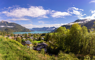 St. Gilgen on Wolfgang lake panorama at summertime.