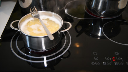 Cooking traditional soup noodles, close up, nobody