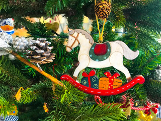 Christmas toy wooden horse, retro style, merry christmas, holiday card,