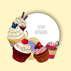 Vector background with different cupcakes and round border for text