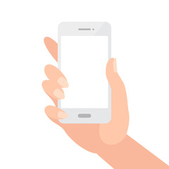 Female hand holding white phone with blank screen isolated on white. Vector illustration in simple flat style.