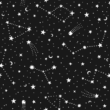 Vector hand drawn night sky doodle seamless pattern with space stars, planets, comets.