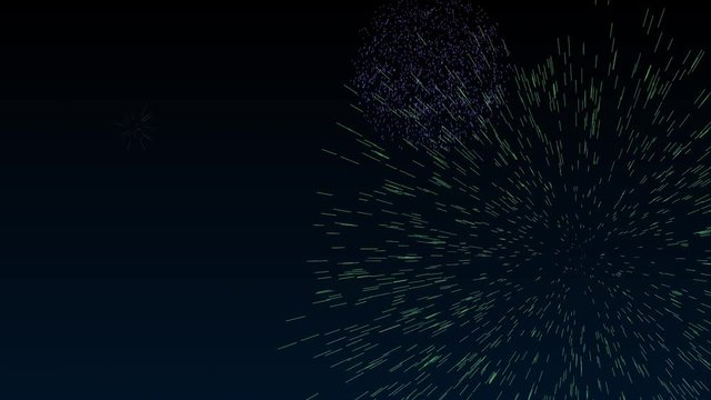 Happy new year celebration fireworks. PF pour feliciter, colorful fireworks from particles with many colors. Happy new year text on video end.