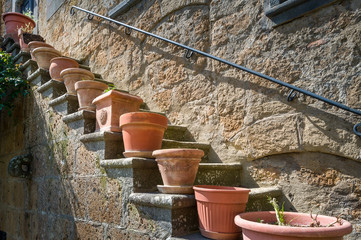Flower pots at the steps of Civita di Bagnoregio old house
