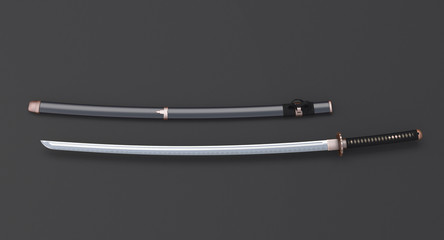 Japanese sword Katana  and sheath on dark background 3d illustration v2