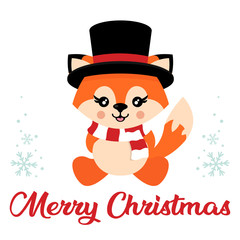 cartoon cute fox with hat and scarf vector sitting and christmas text