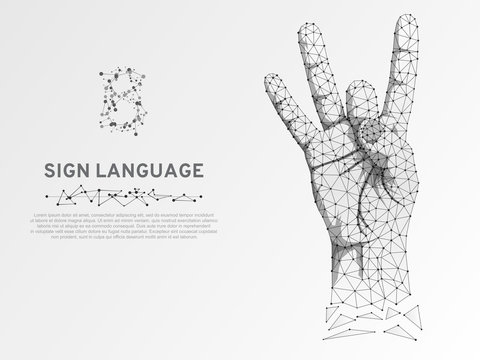 Origami style Sign language number eight gesture, fillip, flick, finger kick gesture. Polygonal low poly. Deaf People silent communication alphabet. Connection wireframe. Vector 8 on white background