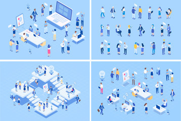 Teamwork, cooperation. Office people.Isometric people vector set.  Isometric office workspace with people working together. Coworking. Flat vector illustration.	 - obrazy, fototapety, plakaty