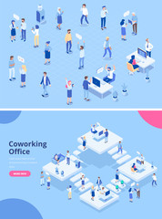 Teamwork, cooperation. Office people.Isometric people vector set.  Isometric office workspace with people working together. Coworking. Flat vector illustration.	