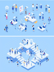 Teamwork, cooperation. Office people.Isometric people vector set.  Isometric office workspace with people working together. Coworking. Flat vector illustration.	