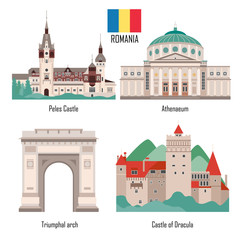 Romania landmark. Travel sightseeing collection. Flat cartoon style
