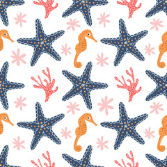 Marine seamless pattern, seahorse, starfish and corals Vector © DruZhi Art