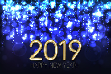 Happy New Year 2019 shining background with blue glitter and confetti. Vector