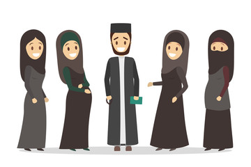 Polygamy arabic family. Girl in hijab. Man with many wifes