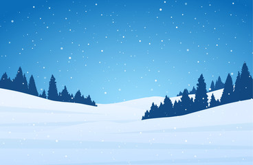 Template of Christmas greeting card with winter night snowy hillside landscape.