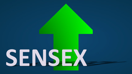 The BSE SENSEX stock market index of Bombay Stock Exchange is going up. A green arrow behind the label is showing upwards on a blue background and symbolizes the price rise or grow of the index.