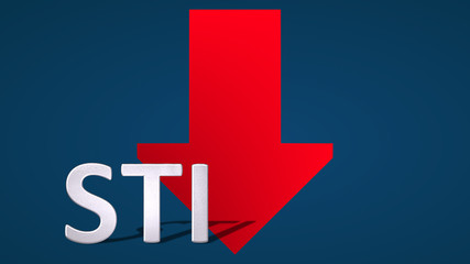 The Singapore stock market index Straits Times Index (STI) is falling. The red arrow behind the STI label is showing downwards on a blue background and symbolizes the fall or drop of the stock market.