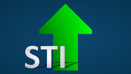 The Singapore stock market index Straits Times Index (STI) is going up. A green arrow behind the STI label is showing upwards on a blue background and symbolizes the price rise or grow.