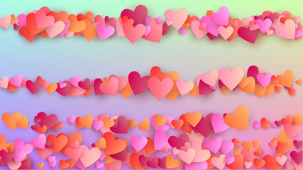 Wedding Background. Many Random Falling Purple Hearts on Hologram Backdrop. Heart Confetti Pattern. Invitation Template. Vector Wedding Background.