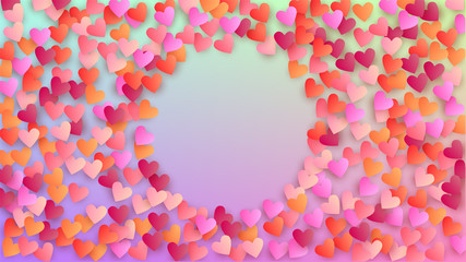 Love Background. Many Random Falling Red Hearts on Hologram Backdrop. Banner Template. Heart Confetti Pattern. Vector Love Background.