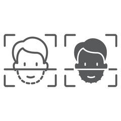 Face ID line and glyph icon, face recognition and face identification, face scanning sign, vector graphics, a linear pattern on a white background,