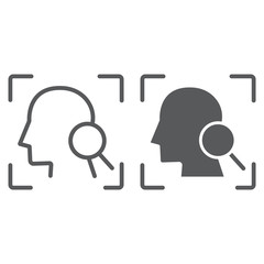 Face ID line and glyph icon, face recognition and face identification, face scanning sign, vector graphics, a linear pattern on a white background,