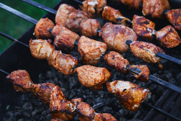 barbecue of pork is prepared on skewers on the grill