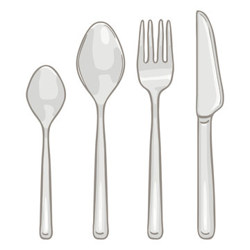 Vector Cartoon Color Set of Plastic Disposable Cutlery. Knife, Fork, Spoon, Tea-spoon