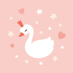 Cute little swan princess on pastel soft pink background. 