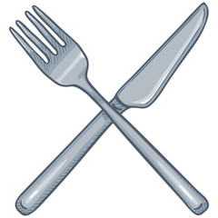 Vector Cartoon Crossed Cutlery. Steel Fork and Knife.