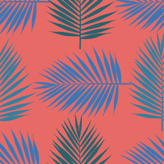 Fototapeta na wymiar Living coral tropical palm leaves seamless pattern. Vector illustration.