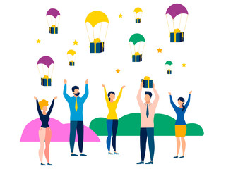 Sending mail to Santa Claus. Gifts come down from the sky, people catch the boxes. Flat in minimalist style. Cartoon