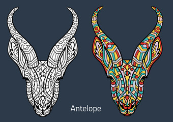Coloring book for adults. antelope head with hand-drawn patterns. The antelope head is decorated with ornament. Hand drawing. © AyhaanA