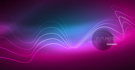 Abstract shiny glowinng color wave design element on dark background - science or technology concept