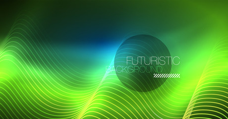 Glowing abstract wave on dark, shiny motion, Christmas and New Year magic space light. Techno abstract background