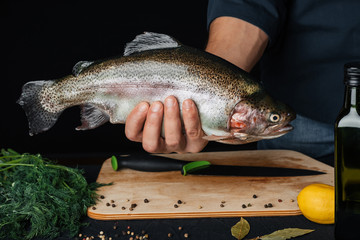 trout in the hands of a male chef in the kitchen. Fresh red fish