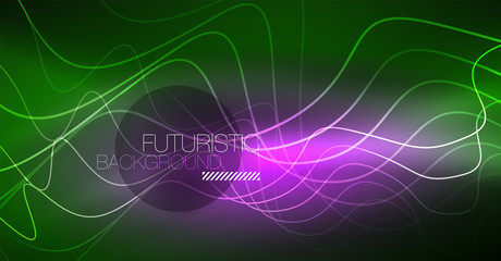 Abstract shiny glowinng color wave design element on dark background - science or technology concept