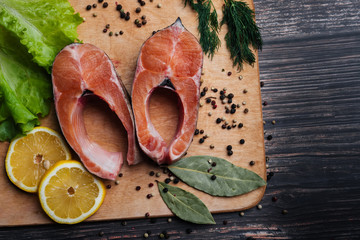 sliced pieces of raw trout fillet. Fresh red fish