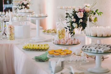 Delicious eclairs,macaroons,cupcakes, desserts and sweets on table party at wedding reception. White and pink stylish candy bar. Christmas and New Year feast. Celebrations and party