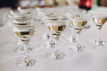 Christmas and New Year feast. Martini row on table party at wedding reception. Martini drinks in crystal glasses at alcohol bar. Celebrations and party concept.