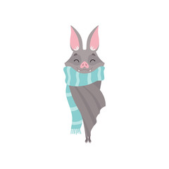 Cute bat wearing blue knitted scarf, gray funny creature cartoon character vector Illustration on a white background