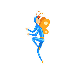 Man in butterfly costume, funny person at carnival party or masquerade vector Illustration on a white background
