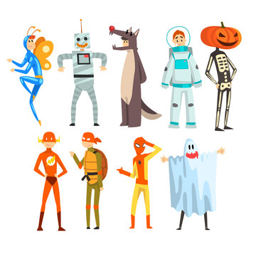 People in carnival costumes set, funny persons dressed as an butterfly, robot, wolf, astronaut, superhero, ninja turtle, ghost, skeleton vector Illustration on a white background