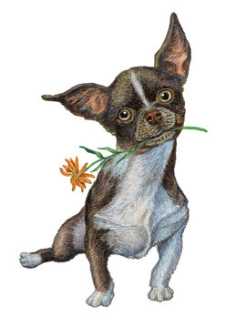 small dog breed Chihuahua with a flower.Watercolor illustration