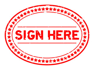 Grunge red sign here word oval rubber seal stamp on white background