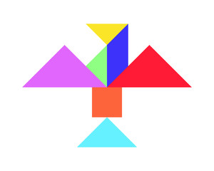 Color tangram puzzle in flying bird shape on white background